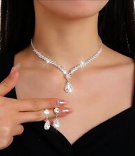 UK Women Ladies Fashion Jewelry Necklace Drop Earrings Set Silver Wedding Gift