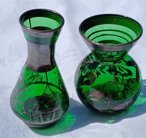 Pair green glass bud vases - of,
