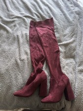 New Look Thigh High Heeled Boots Burgundy Maroon, Faux Suede, Size 5, WORN ONCE