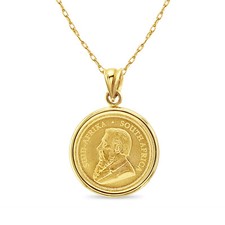 1/10OZ Fine Gold South African Krugerrand Coin Pendant with Polished Halo 14k
