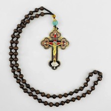 Orthodox Crucifix Pendant Necklace Wooden Rosary Beaded Chain Jesus Cross Gift