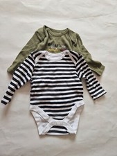 Primark Two Pack Baby Boys Long Sleeve Bodysuits Size 0-3mths Stripe Black Khaki