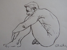 Original Black Pen & Ink Line Life Drawing of a Crouched Male Nude Floor Pose