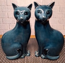Poole Pottery Pair Blue Green Turquoise Cats Kitties *flaw 