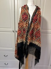 Scarf /shawl/poncho Black multi Wool Blend Size 30x66” WOT fringe Embroidered