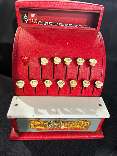 Vintage red metal toy cash - toy,