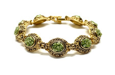Vintage Bracelet Gold Metal Real Jade Crushed Stone Link 1960' zz