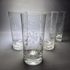 4x Vintage Etched Flower Crystal Highball Glasses 5½" 14cm Tall 300ml Leaves 