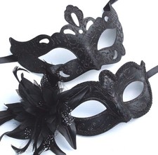 HIS N HERS PAIR COUPLES CO-ORDINATED BLACK VENETIAN MASQUERADE PARTY EYE MASKS