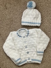 Hand Knitted Baby Cardigan and hat Age 0-3 Months New.
