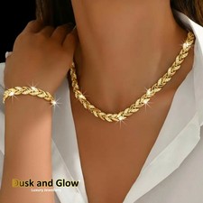 Rhinestone Pave Jewelry Gift Set Leaf Link Necklace Bracelet Women Ladies UK NEW