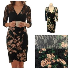 PHASE EIGHT Blue Mix Dress Size 12 Lace Stretchy 3/4 Sleeves Floral Ruched Lined