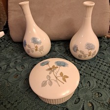 3 of Wedgwood Ice Rose 2 bud Vases 1 Trinket dish w lid Bone China Made England