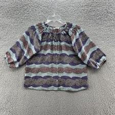 Tucker Top Womens Small Aqua Purple Silk Button Up Peasant Blouse Boho Print USA