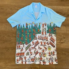 Where's Wally Shirt Size L Blue Short Sleeve Christmas Graphic Button Up Top L