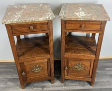Pair of Bedside Tables Antique French Oak Marble Tops Carved Cabinets LOT 4311