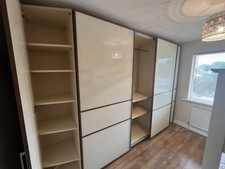 Cream High Gloss Wardrobes With Oak Trim,