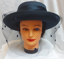 Vintage Ladies Dressage Riding Style Hat Long Veil Navy - Steam Punk/Goth