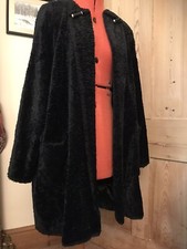 VINTAGE 80s JAEGER JACKET COAT BLACK FAUX FUR MID LENGTH LOOSE VELVET ASTRAKHAN