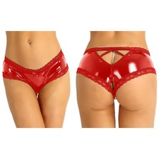 Women's PVC Wet Look Leather Crotchless Panties Low Waist Booty Shorts Underwear