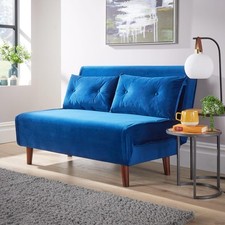 Double Sofa Bed Folding Chair Velvet Blue Wooden Legs Two Pillow Home Seconds