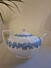 Wedgewood Queens Ware Teapot Made In England. Vintage Embossed White On Blue.
