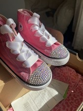 Girls Pink High Top Crystal Converse Shoes - Bling Sneakers with Ribbon Laces