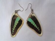  REAL BUTTERFLY WING  GRAPHIUM MILON HOOK PIERCED EARRINGS  HANDMADE 2.5" x 1" 