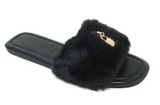 Womens Ladies Black Slippers Fluffy Padlock Detail Sandals Shoes Hard Sole Sizes