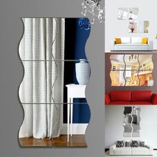 6PCS Glass Mirror Tiles Wall Sticker Wavy Self Adhesive Stick Home Decor On Art