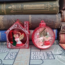 2 Vintage Christmas Diorama Bauble Tree Decoration Ornament Mice & Angel Scenes 