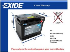 Battery fits NISSAN JUKE QASHQAI MICRA NOTE QASHQA TIIDA NV250 Exide 027
