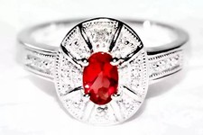 Mexican Fire Opal Ring 9ct White Gold Cherry Fire Opal Art Deco Cluster Ring N/7