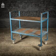 Trolley Shelving Unit, Vintage Industrial Blue Steel Mobile Wheeled Cart