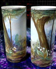 Pair of Victorian Hand Painted Lillies Woodland Meadow Scene Vases 7.5" Tall