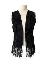 Romans Black Faux Suede Waistcoat Size S Sleeveless Tasseled Hem V Neck Womens 
