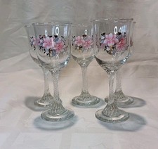 Set Of 5 Vintage Twisted Stem Wine/Sherry Glasses With Pink Floral Decoration