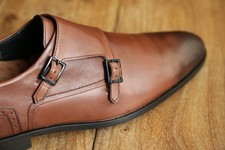 Hugo Boss. Burnished Brown Leather Double Monk Buckle Shoes Men's UK 9 US 10