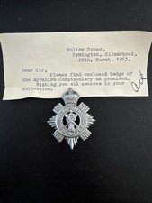 Rare Ayrshire Constabulary Police Cap Badge Plus Letter
