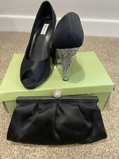 Dune Black Satin Shoes With Diamante Heel Matching Bag Size 6