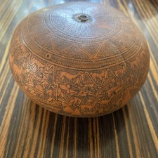 Hand Carved Peruvian Gourd rattle Intricate Storytelling Gourd Art signed