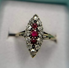 Stunning Vintage 18ct Gold Diamond & Red Spinel Marquise/Navette Cluster Ring