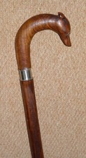 Antique Treen Walking Stick / Cane Greyhound Dog Glass Eyes Crook Silver Collar