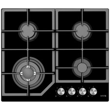 HYE 60 x 60 Built-In 4 Burner Gas Hob, Wok Zone, Gas on Glass, Black- C01GH60G28