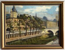 Beautiful View Seine Paris, Original Antique Cityscape Oil Painting, Framed