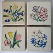 FOUR SMALL VINTAGE RHOTICO FLORAL DESIGN HAND PAINTED CERAMIC TILES 4" SQ