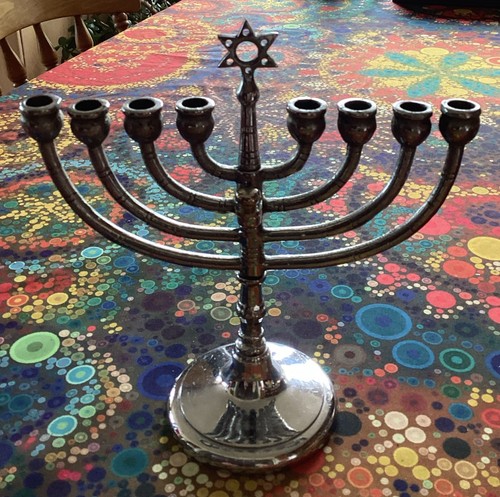 Vintage white metal menorah - metal,