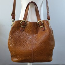 BUTTERFLY Tan Leather Slouchy Embossed Tote Bag Large Shopper Shoulder Two Tone
