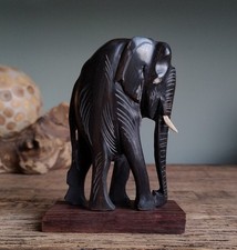 Vintage Carved Horn Elephant With Tusks Figure on Wooden Plinth Animal Ornament