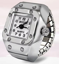 Unusual Unisex Square  White  Faced Silver Finger Ring Stretch Quartz Watch
